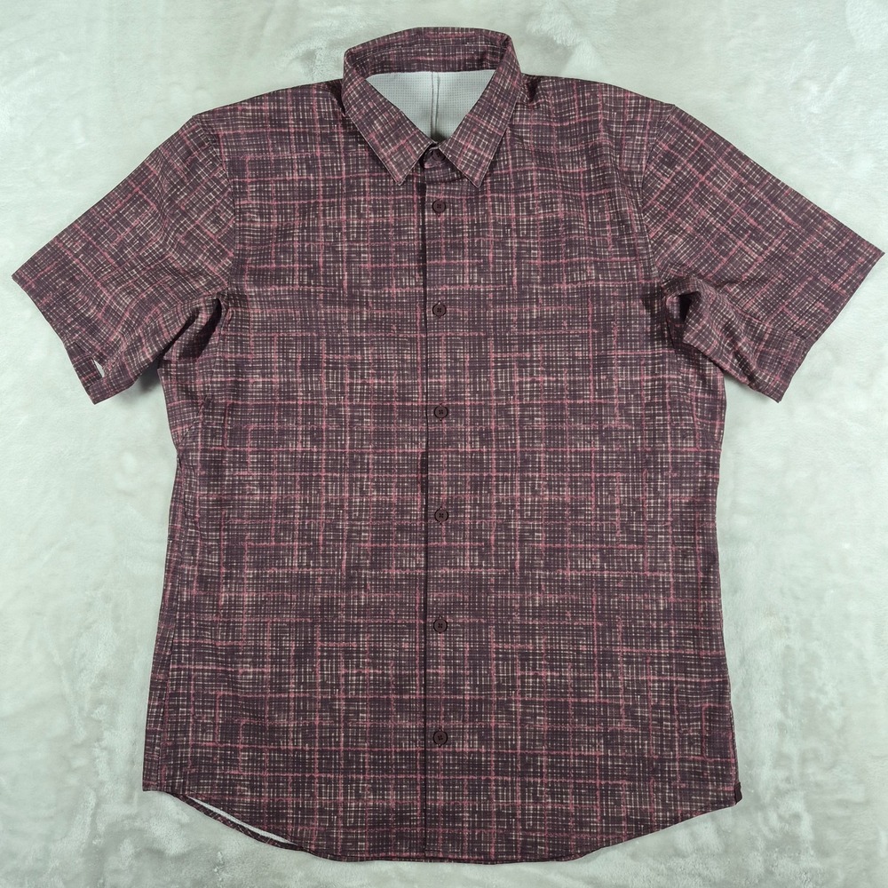 Lululemon Airing Easy Shirt Men's Large Red Short Sleeve Stretch Check Comfort